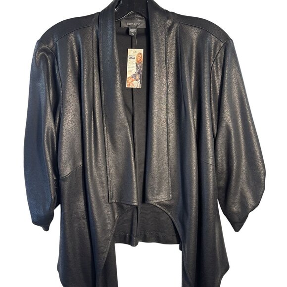 Karen Kane Womens Black Faux Leather Open Front Jacket With Ruched Sleeves One S - Picture 2 of 16